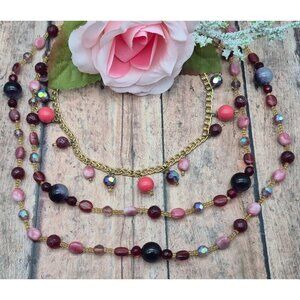 Pretty Gold Tone Multi Strand Beaded Shades of Pink Boho Necklace 19" Layered